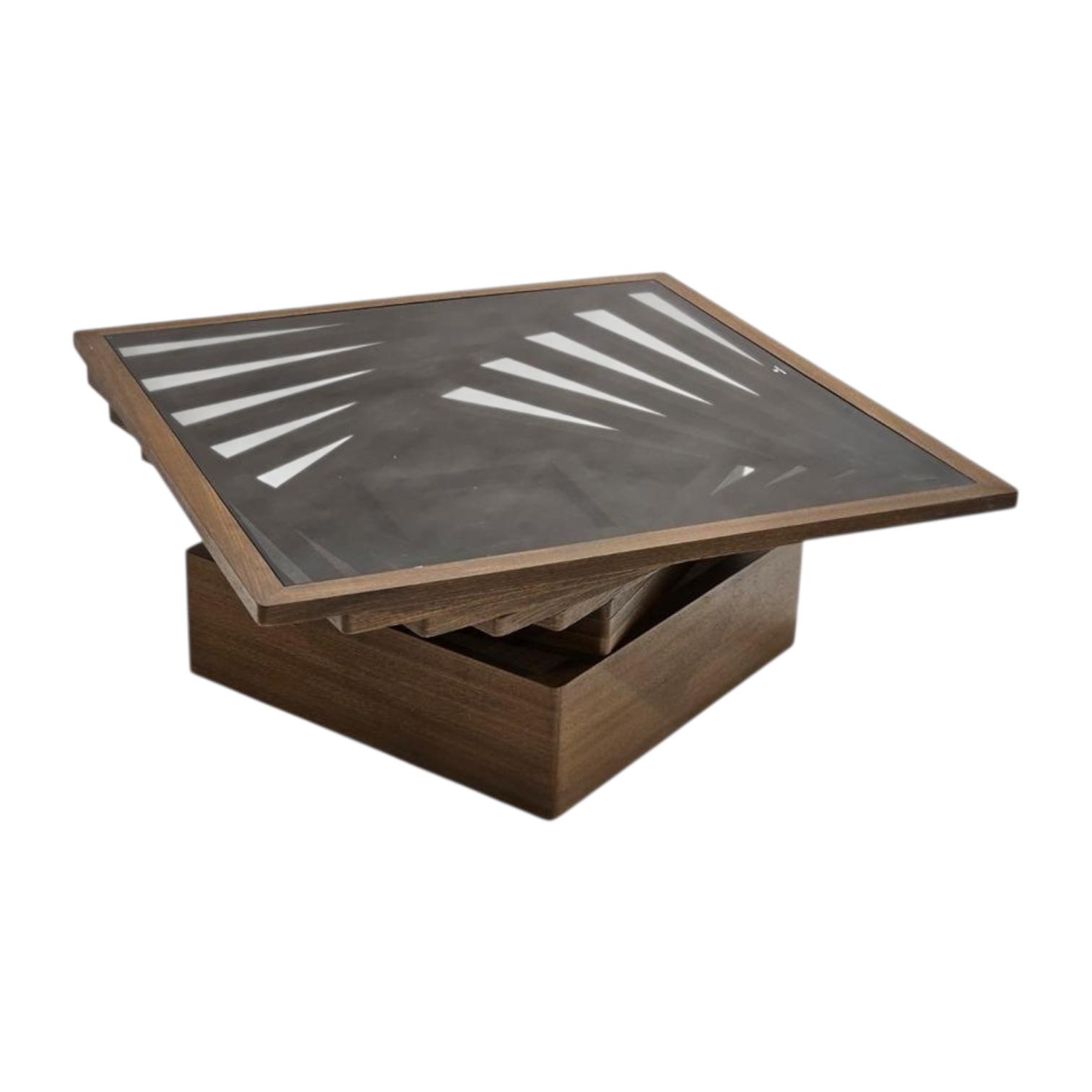  Glass tea table with brown wooden frame in a modern living room style 