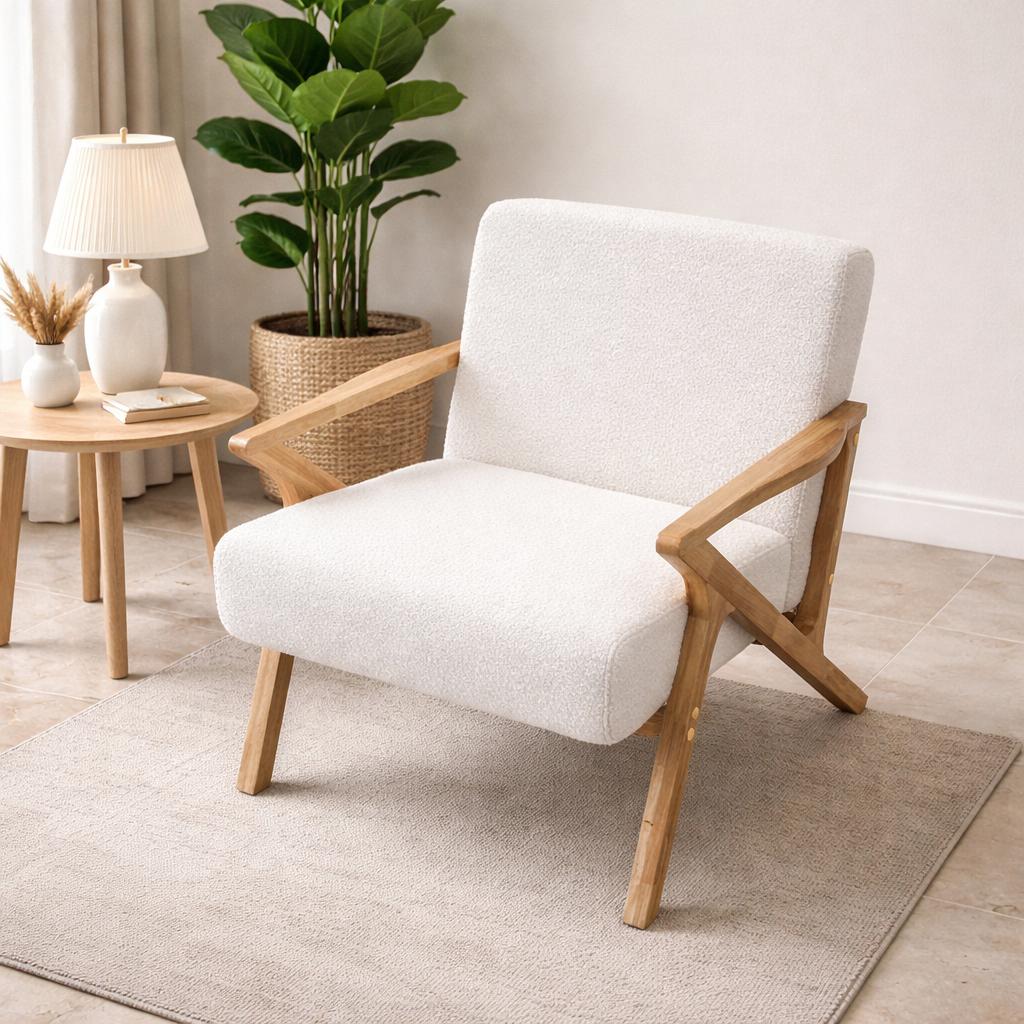  Boucle fabric lounge chair in off-white color with wooden arms in modern home decor 