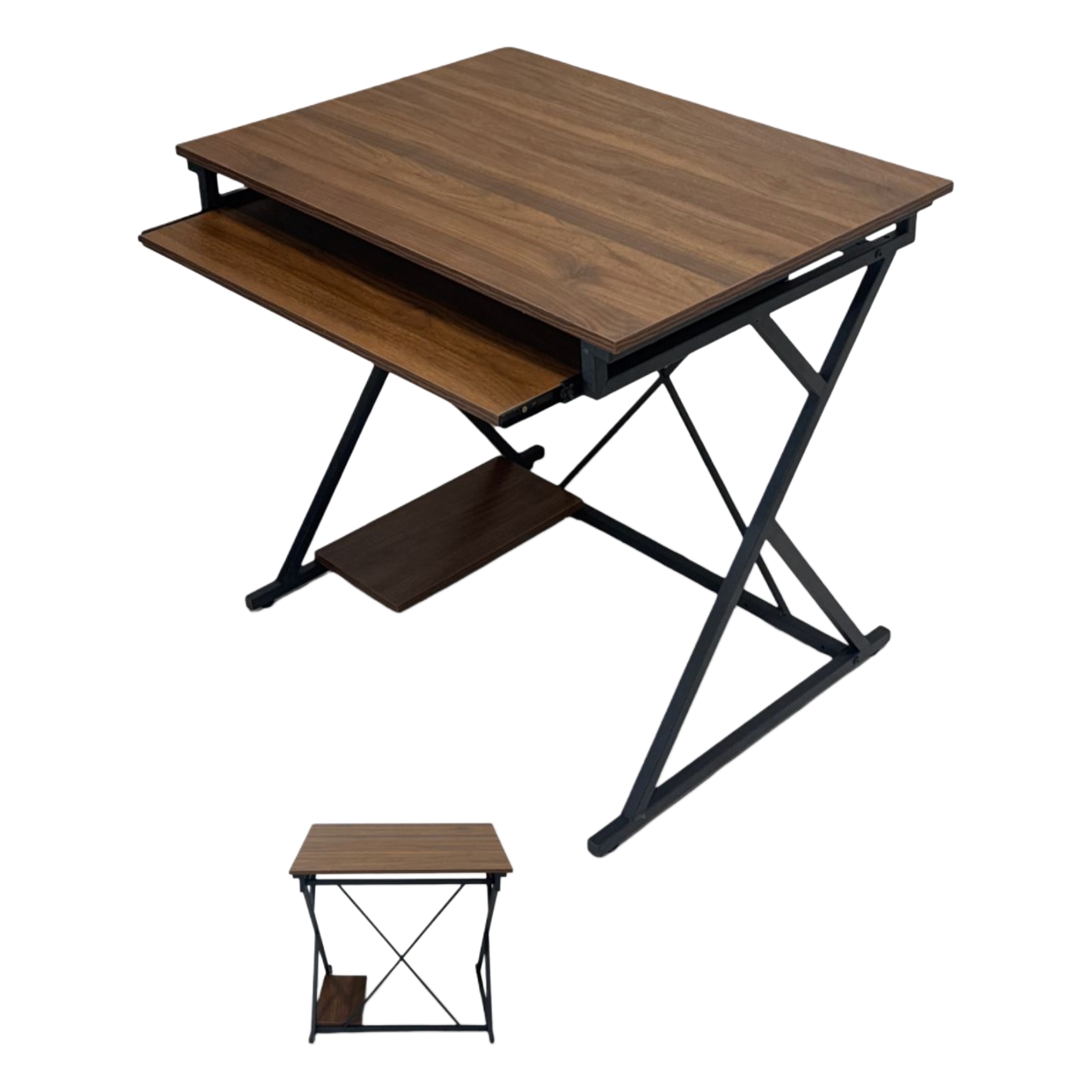  Brown wooden computer desk with black metal frame, keyboard tray and shelf 