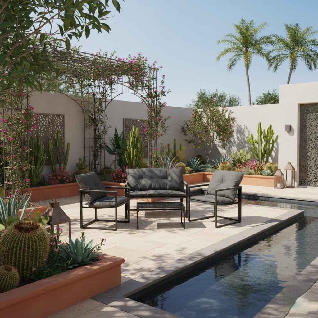   Grey outdoor metal garden set for four persons with black frame and glass table in a modern patio setting 