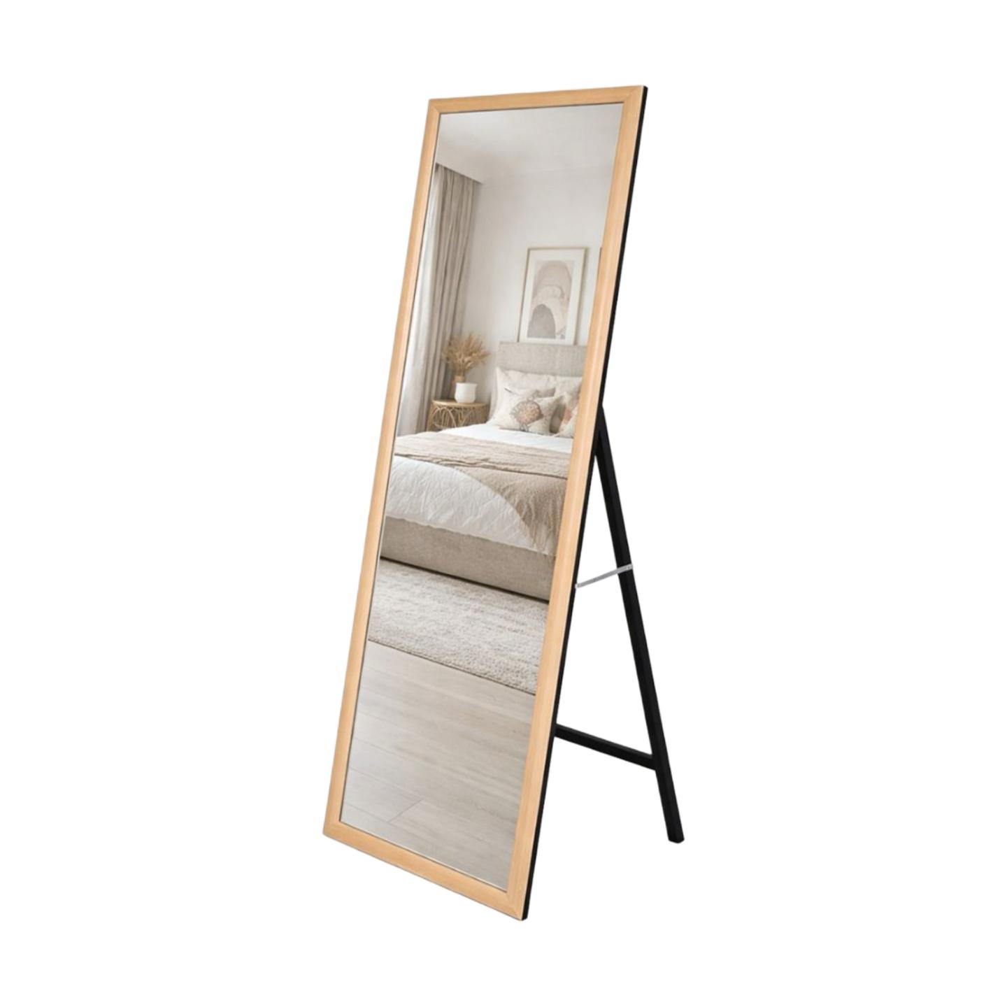  Tall standing mirror with light wooden frame 