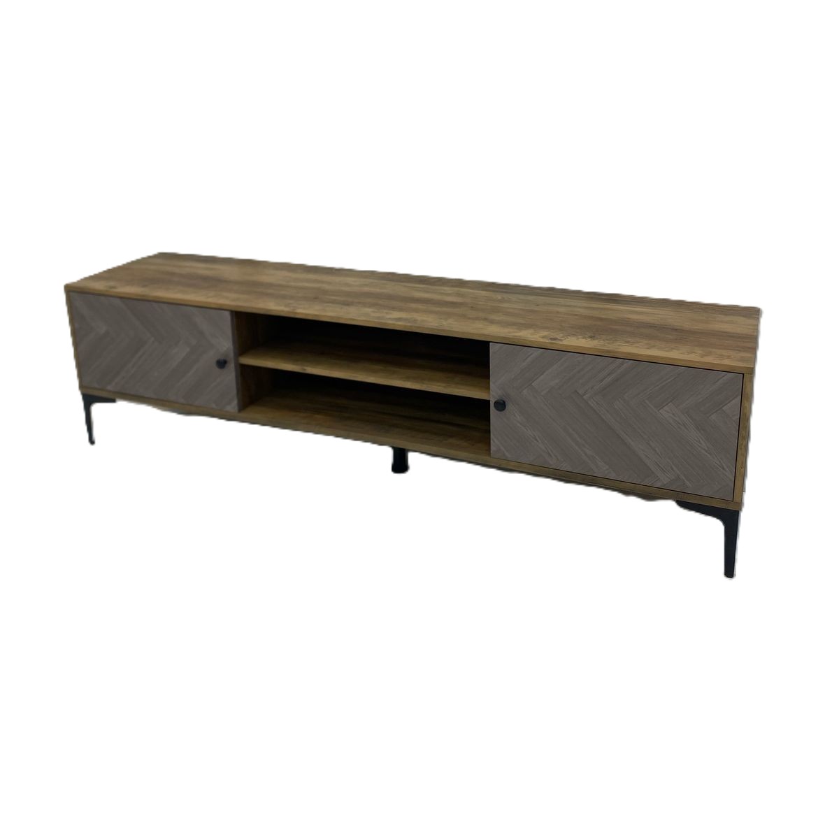  Wooden TV stand with geometric doors and open storage shelf 