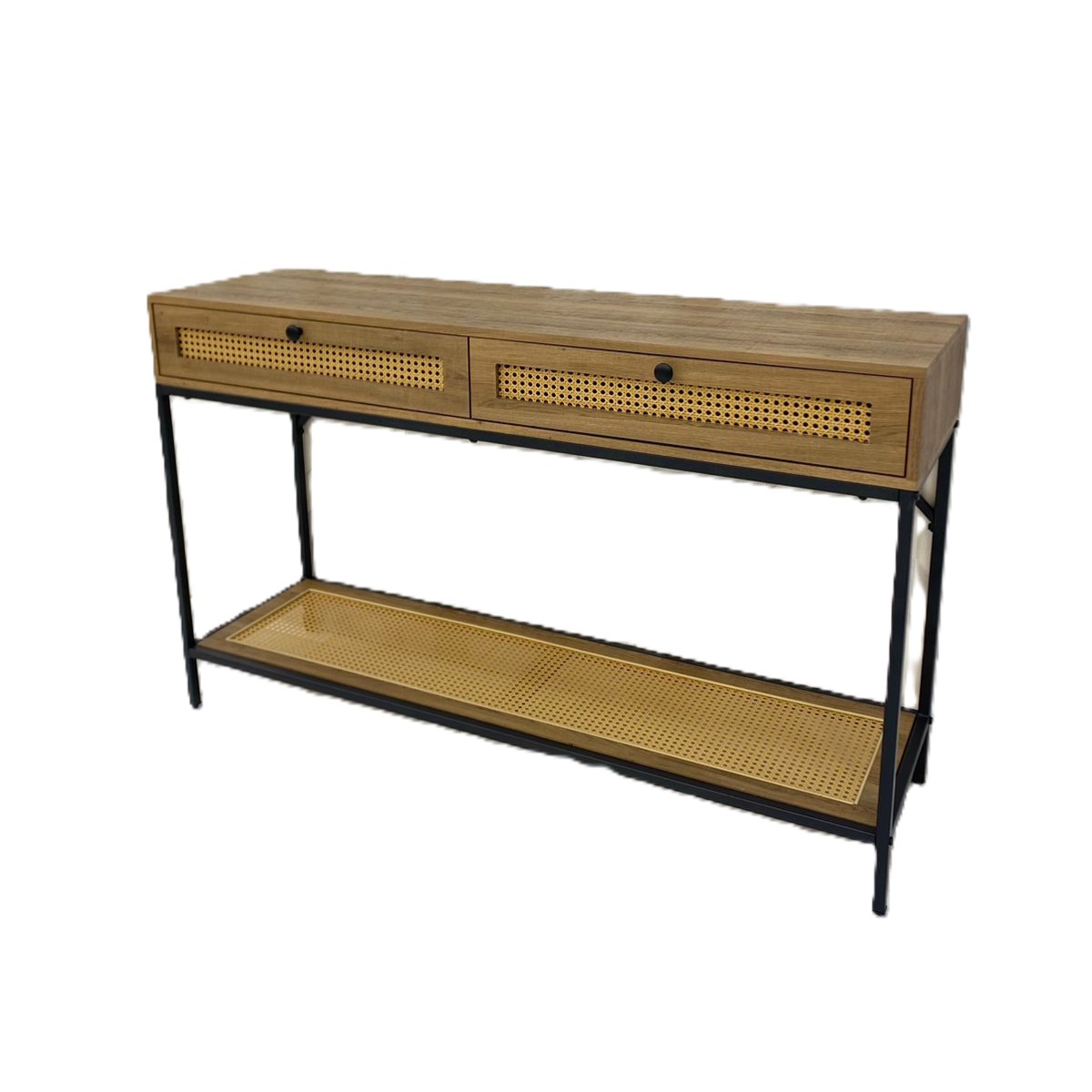  Rattan entryway console with two drawers in light wood finish 