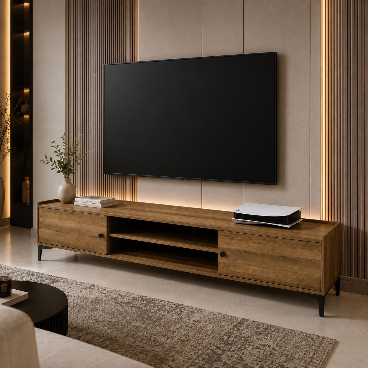  Modern wooden TV stand with storage cabinets and open shelves by Lamsat Furniture 