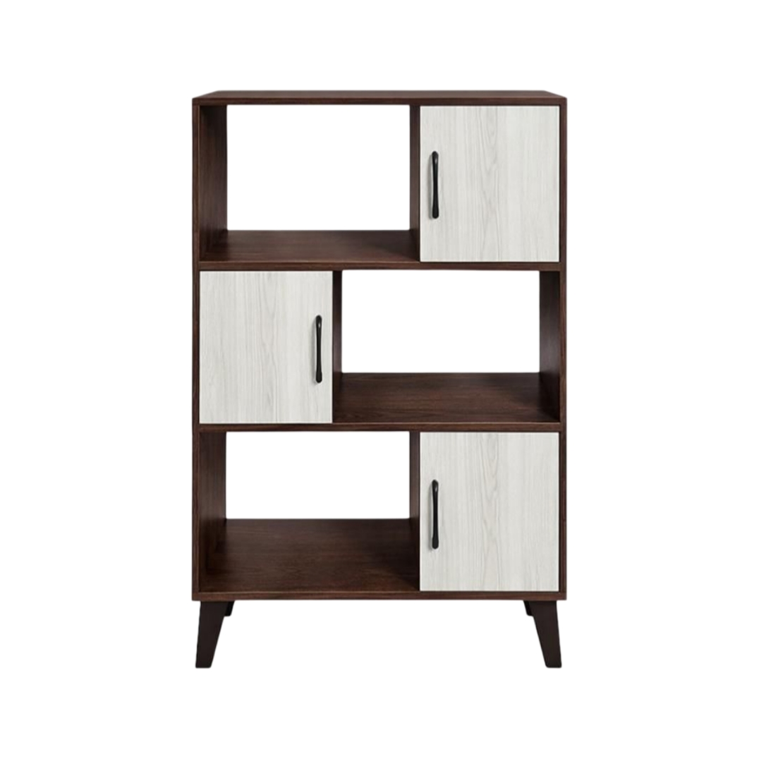  Dark brown book cabinet with white doors and shelves 