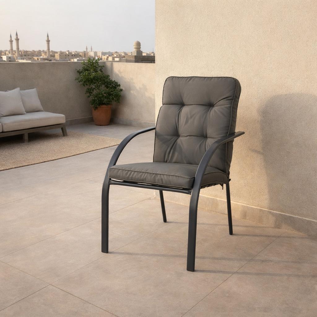  Gray padded outdoor chair with black metal frame 