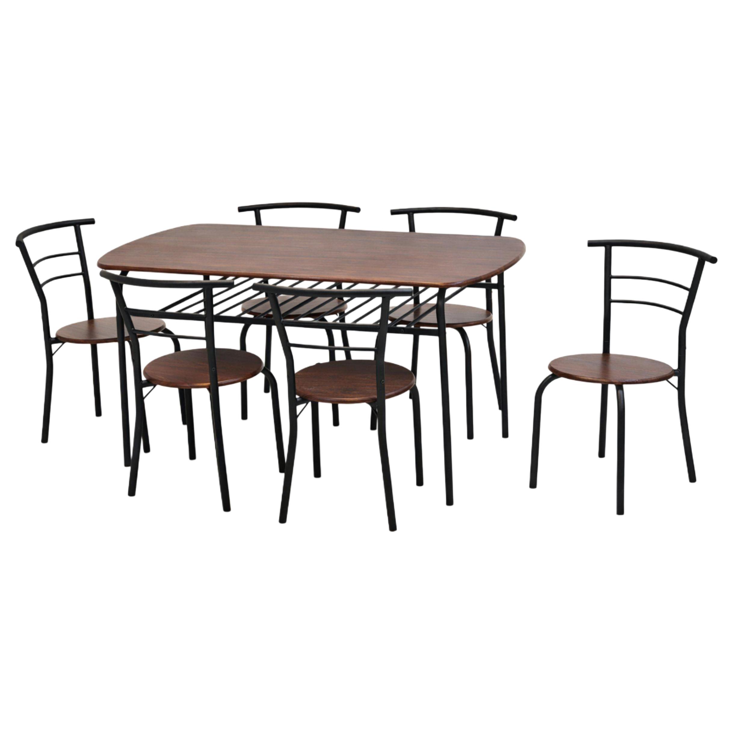  Multi color dining table with 6 chairs dark wood top 