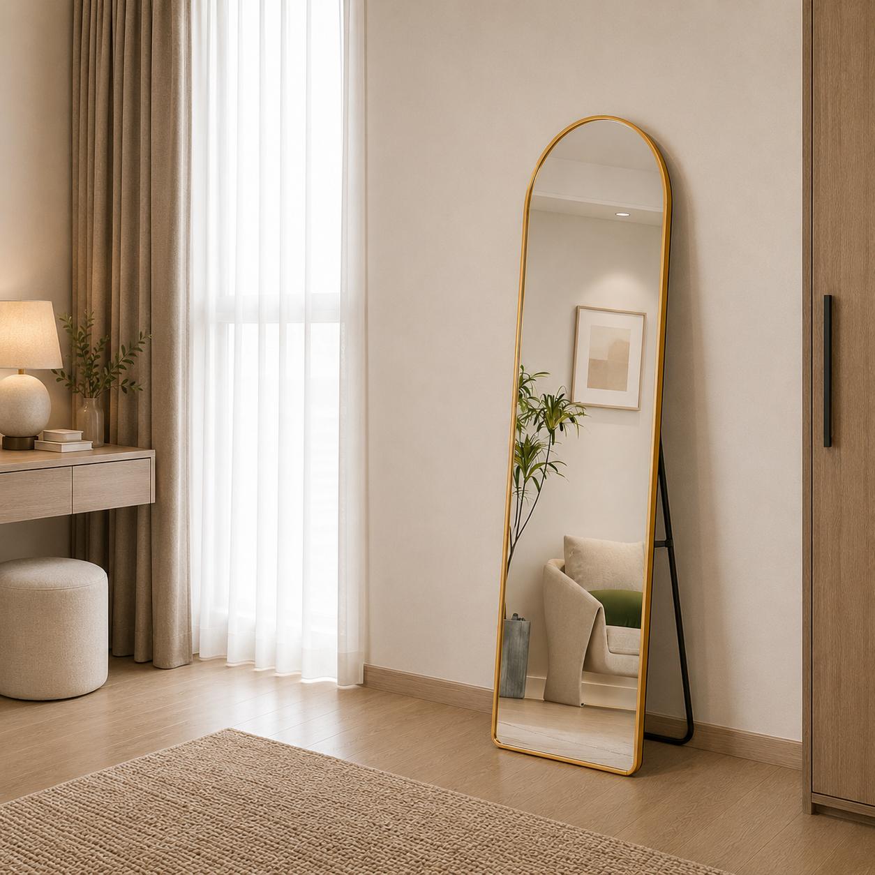  Gold arched standing mirror in modern bedroom 