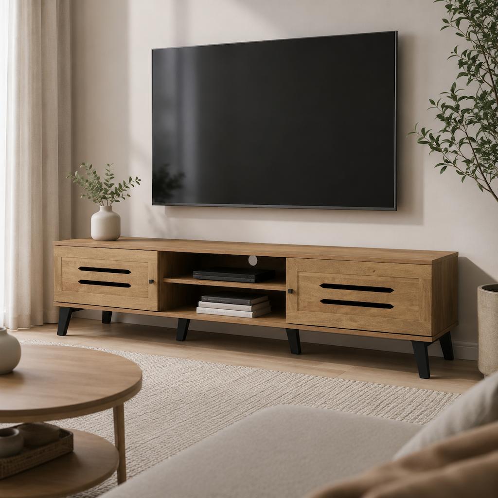  Light Brown TV Stand with Two Cabinets, Shelves and Black Legs 