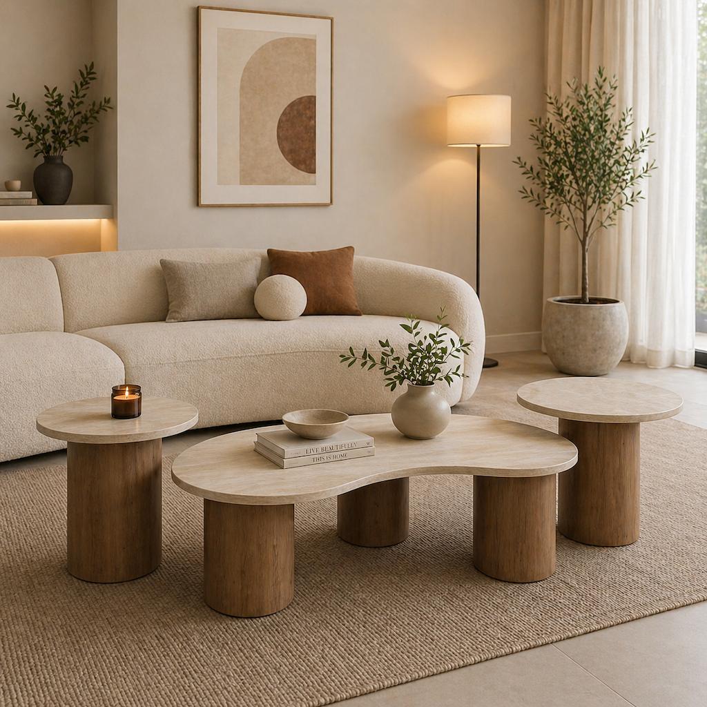  Brown table set with marble top in elegant living room 