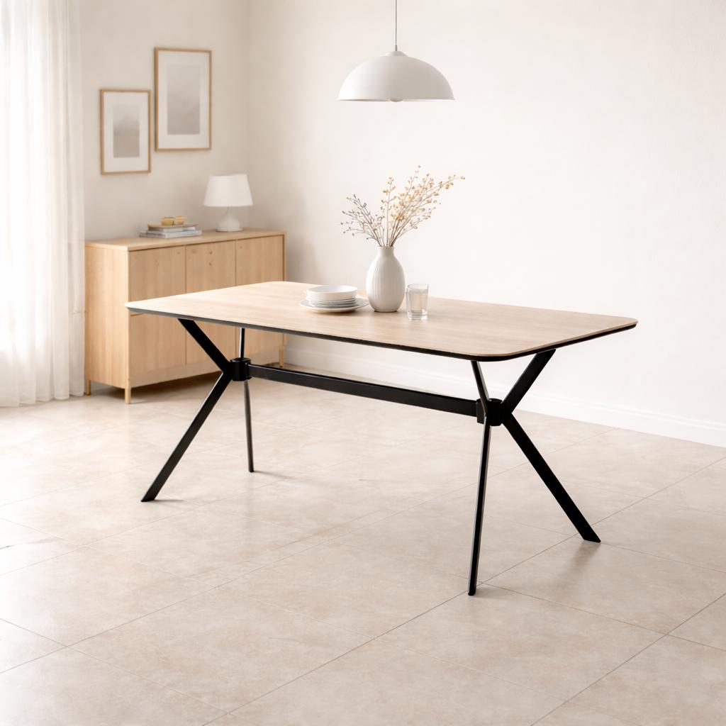  Ceramic dining table wood-look top with black legs 