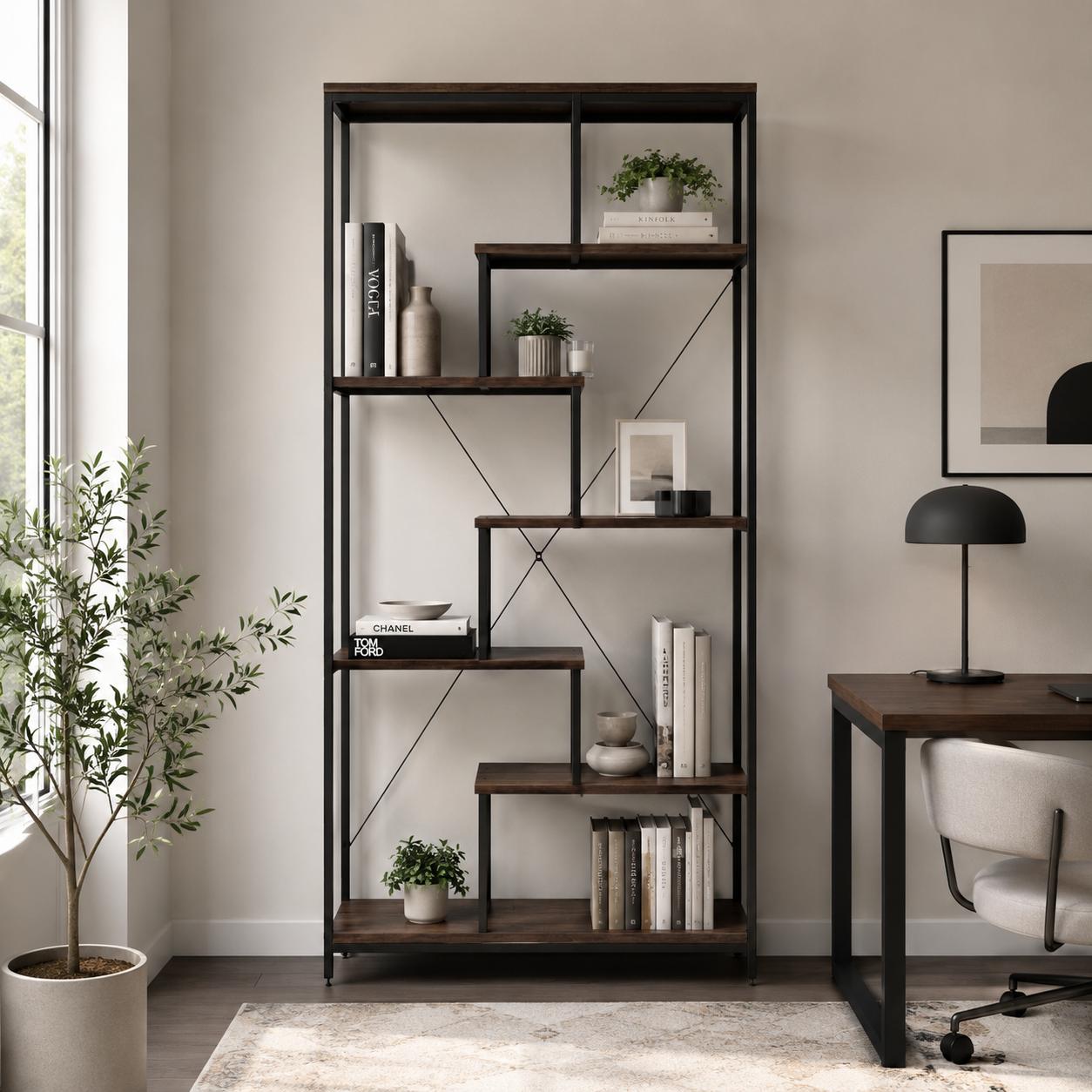  Black storage shelf with brown shelves in modern living room 