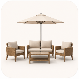 Outdoor rattan furniture set with umbrella and comfy chairs