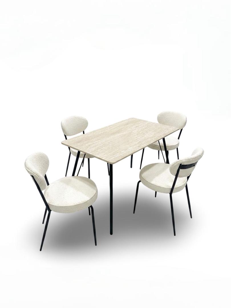  120x70 dining table with 4 beige chairs and light wood top 