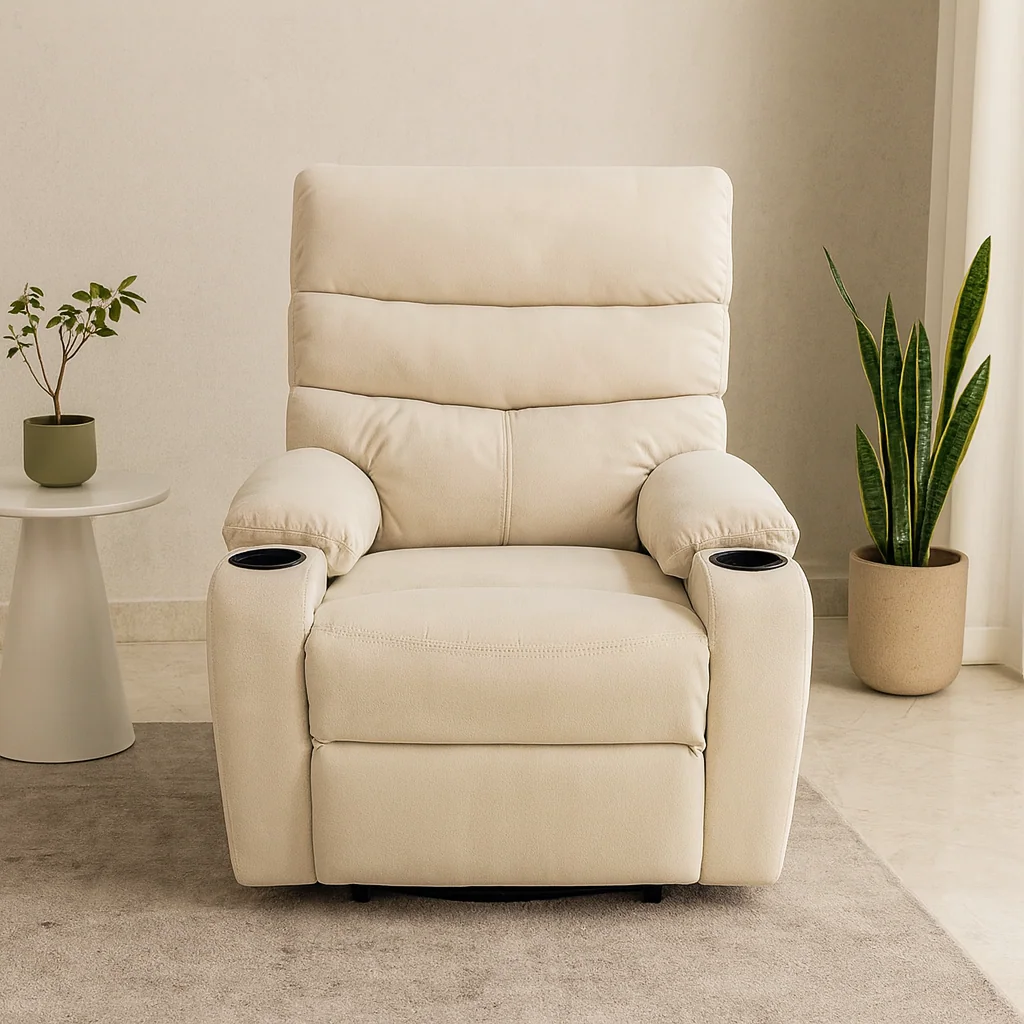  Beige fabric recliner chair with built-in cup holder 
