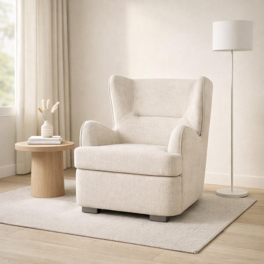  Beige fabric armchair modern design in calm living room 