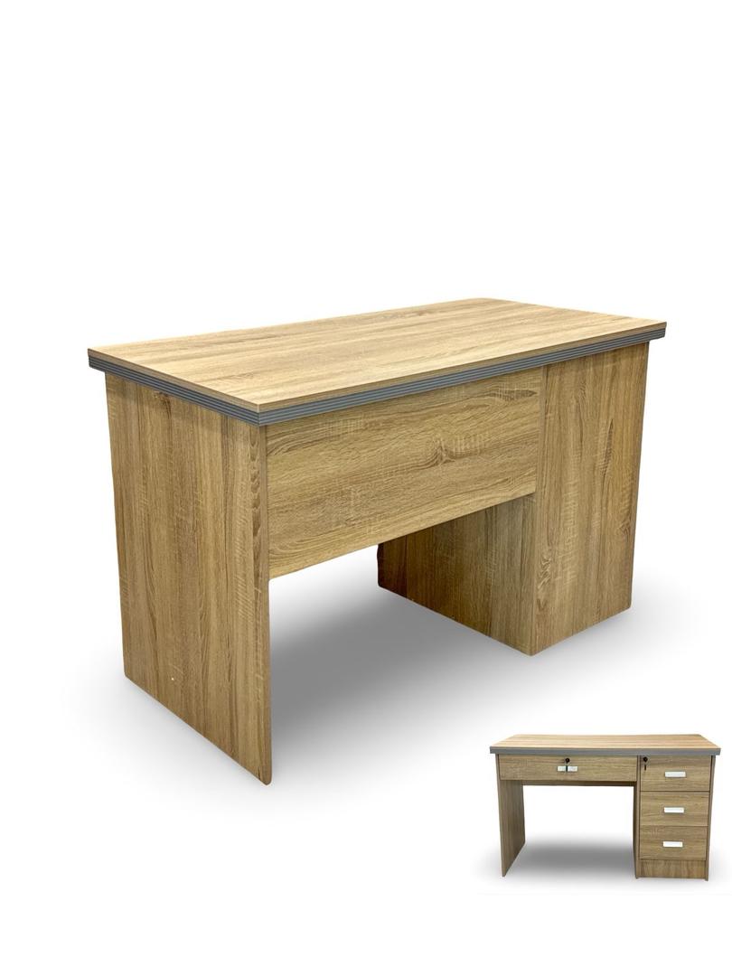  Light wood desk with drawer and side cabinet with multiple drawers 