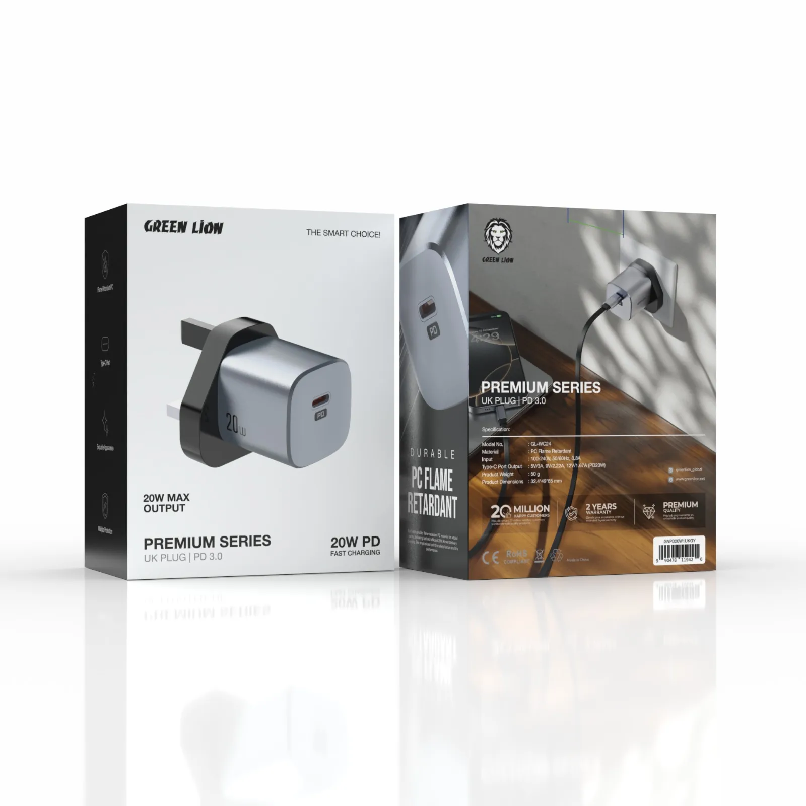 Green Lion Premium Series UK Plug Wall Charger 20W - Gray