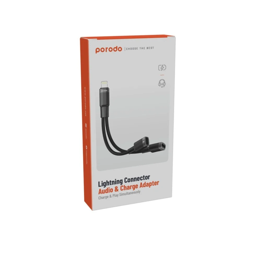 Porodo 2in1 Lightning to 2Lightning Jack Headphone and Charging Converter Adapter