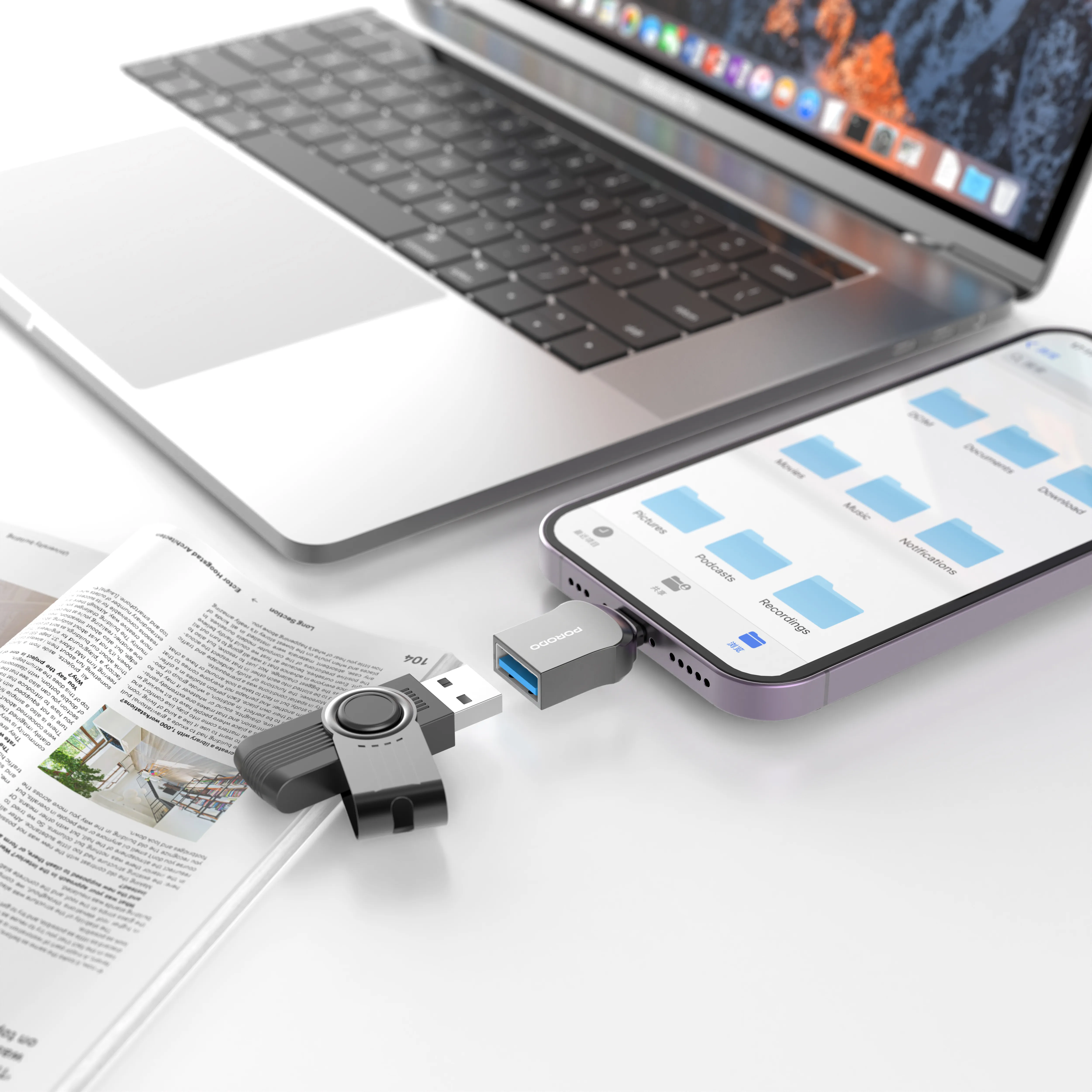 Porodo Lightning OTG Adapter - Zinc Alloy - Black