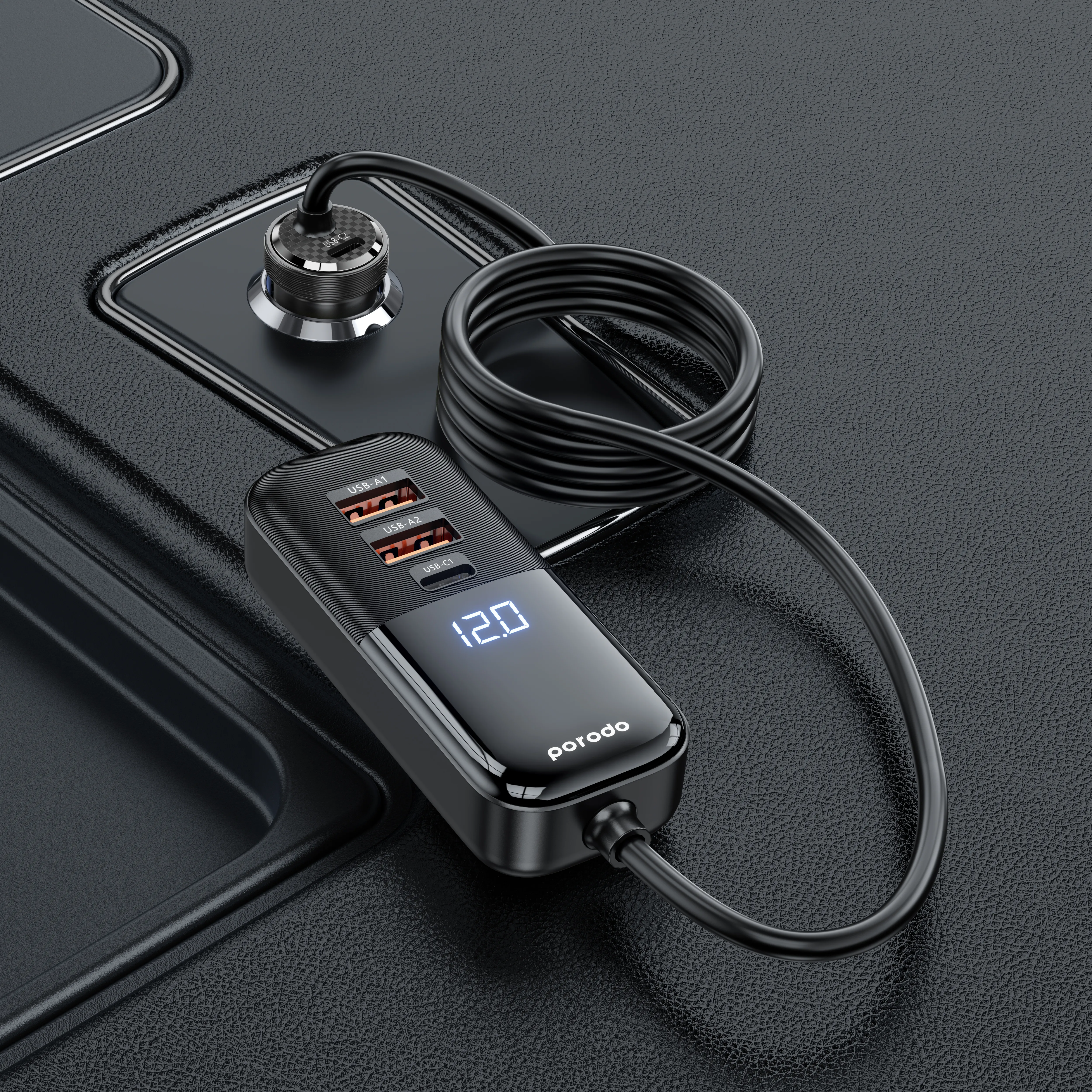 Porodo 120W Transparent Multi Port Car Charger with Rear Expansion - Black
