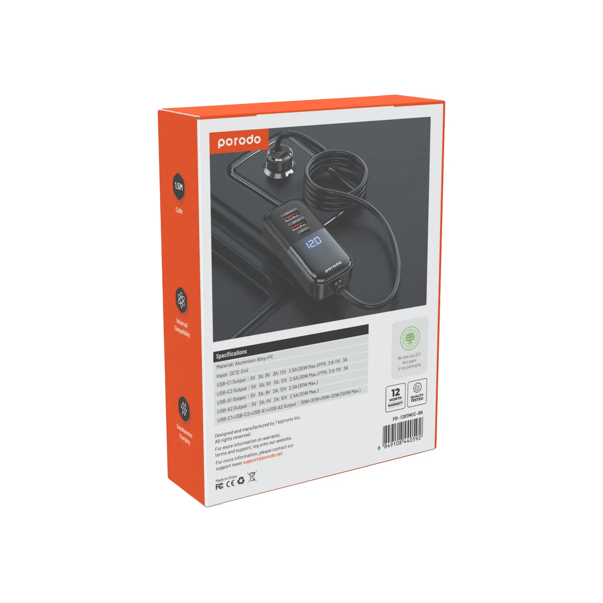 Porodo 120W Transparent Multi Port Car Charger with Rear Expansion - Black