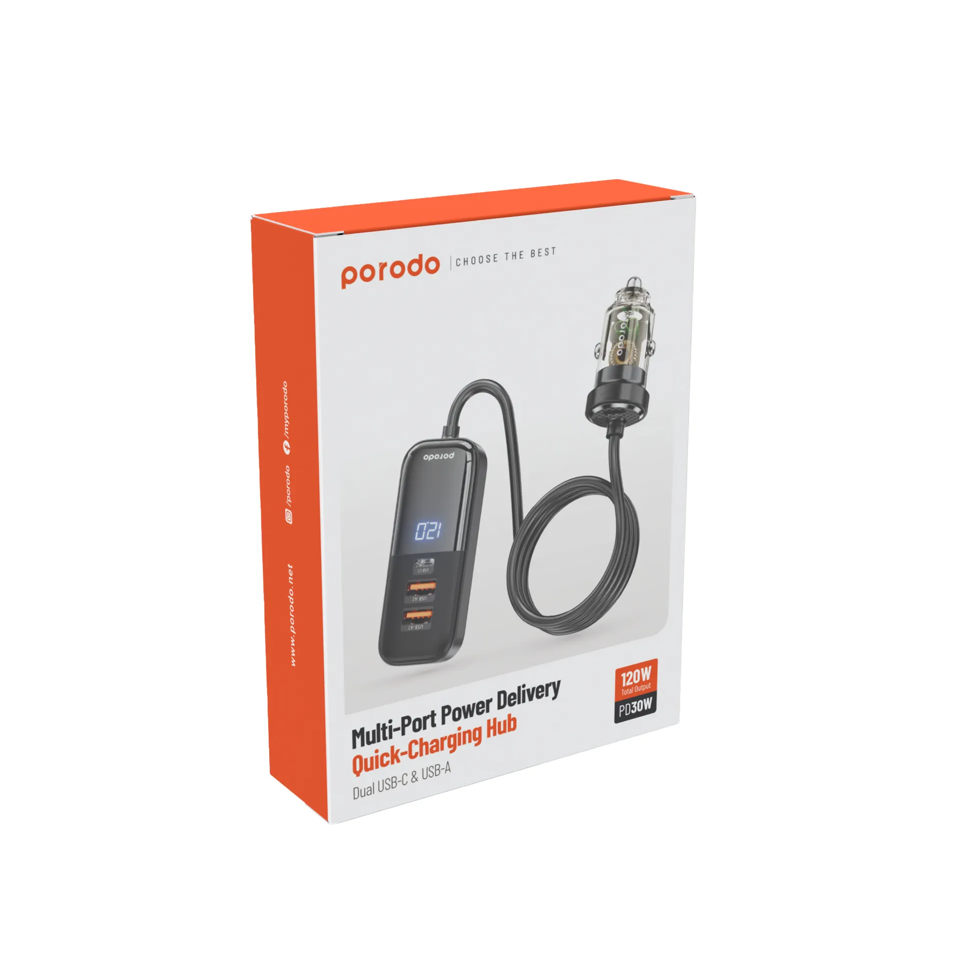 Porodo 120W Transparent Multi Port Car Charger with Rear Expansion - Black