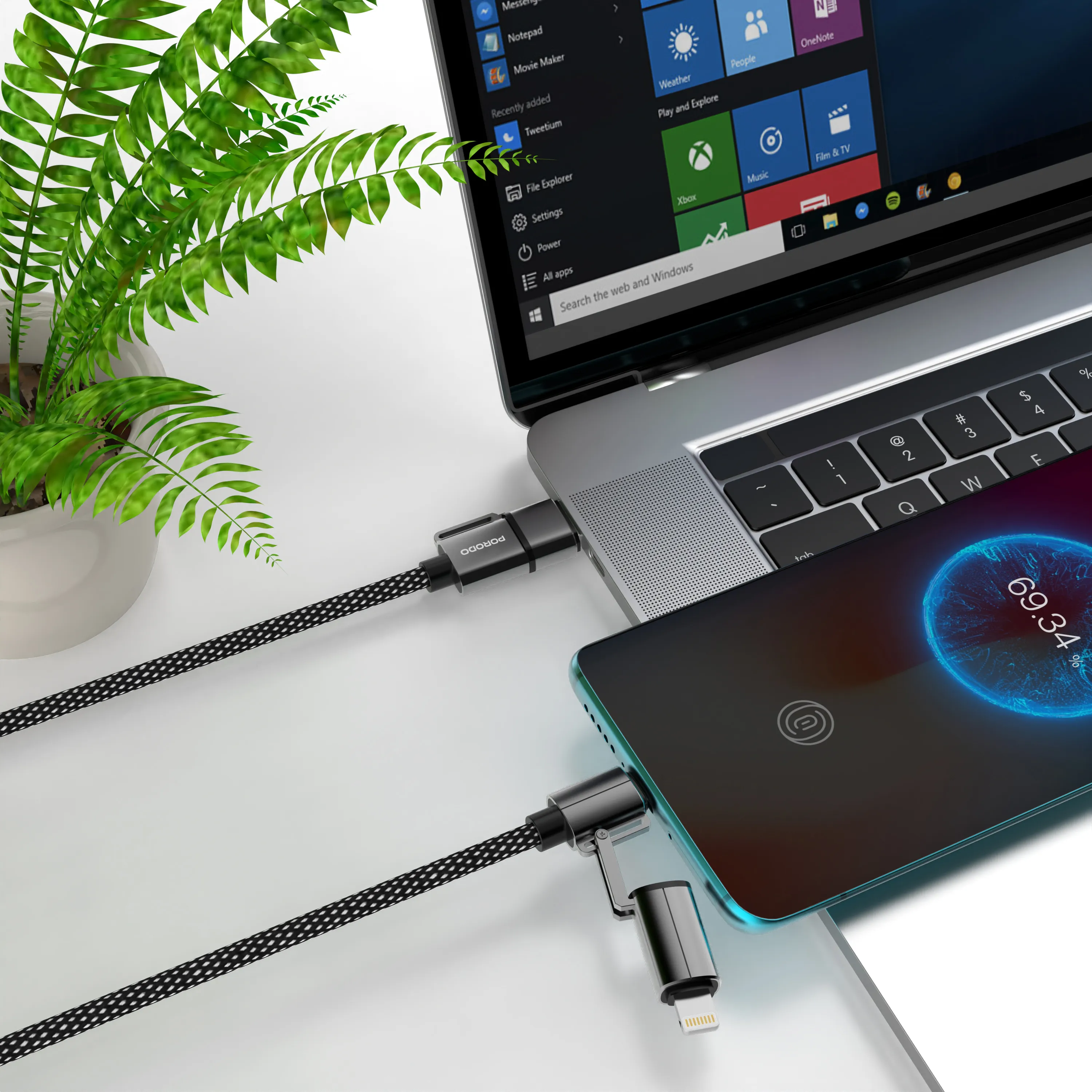 Porodo 4 Cables in 1 Aluminum Fast Charger Wire - Black