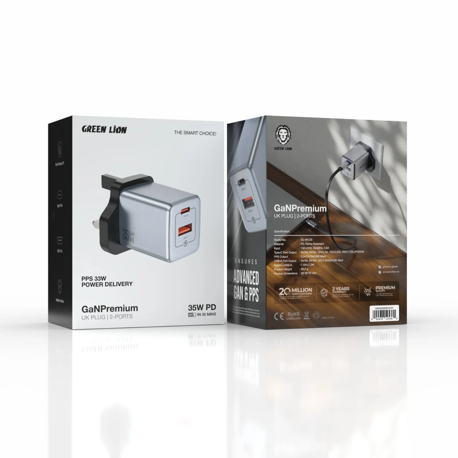 Green Lion GaN Premium UK Plug Wall Charger - Gray