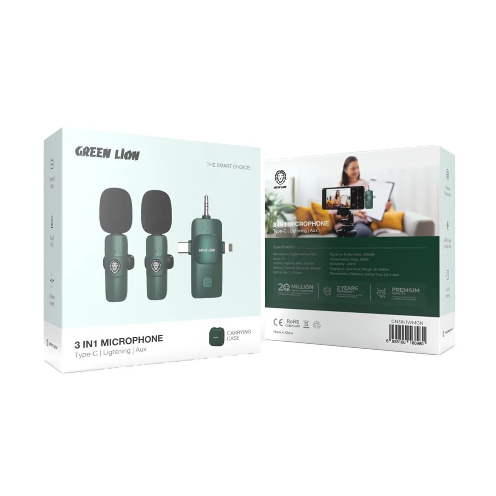 Green Lion 3 IN 1 Microphone Type-C / Lightning / Aux - Green