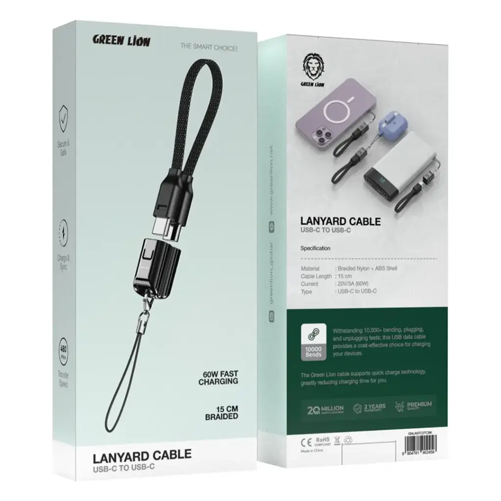 Green Lion Lanyard Cable USB-C to USB-C 60W - Black