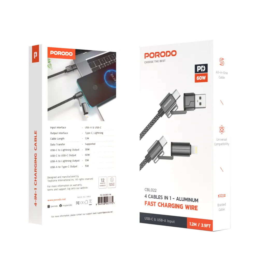 Porodo 4 Cables in 1 Aluminum Fast Charger Wire - Black