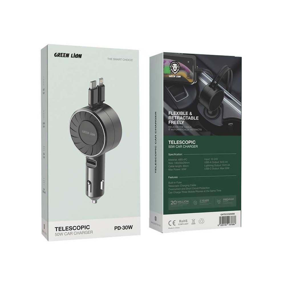 Green Lion Telescopic 50W Car Charger - Black