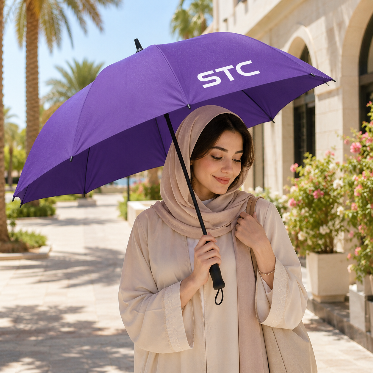 صورة مظلة بنفسجية وسط مع شعار STC بجودة عالية | متجر الحريري