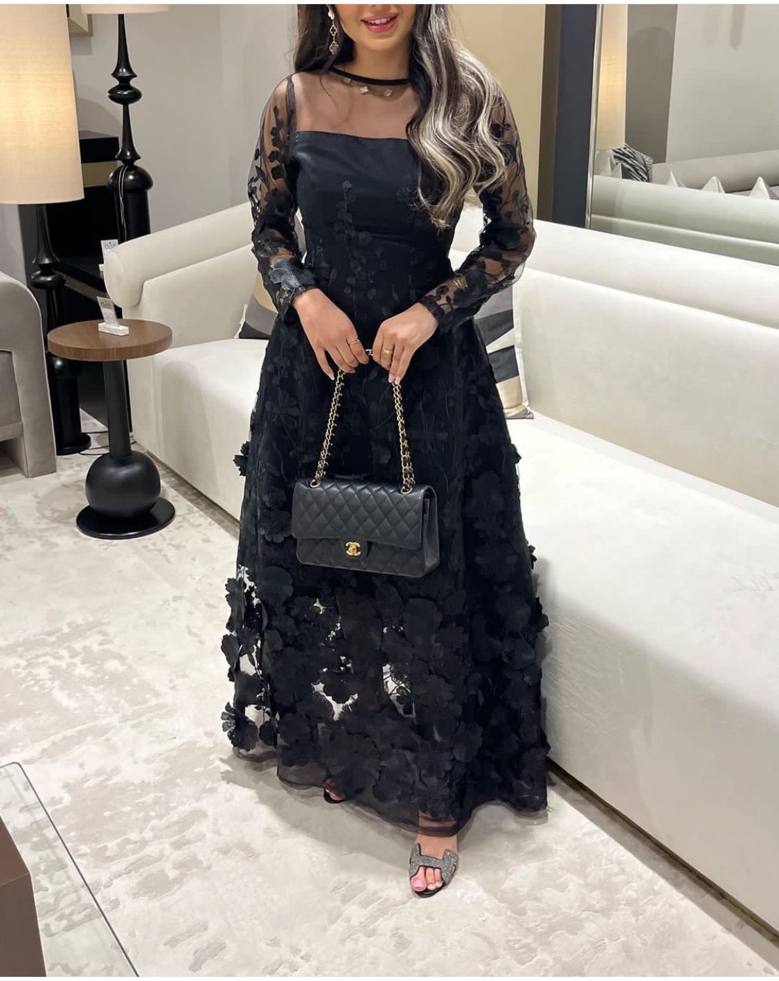  فستان سهرة اسود جبير مورد أنيق كم طويل  