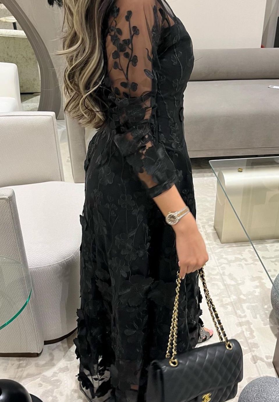  فستان سهرة اسود جبير مورد أنيق كم طويل  