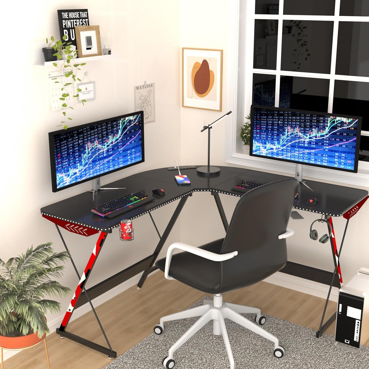  طاولة كمبيوتر بتصميم حرف L مكتب ألعاب بأضواء LED 