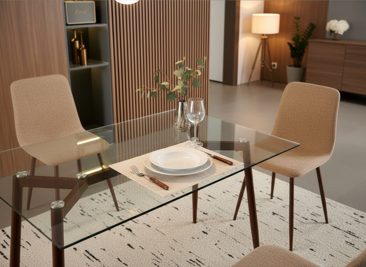  طاولة طعام 4كرسي زجاج شفاف بتصميم جميل 