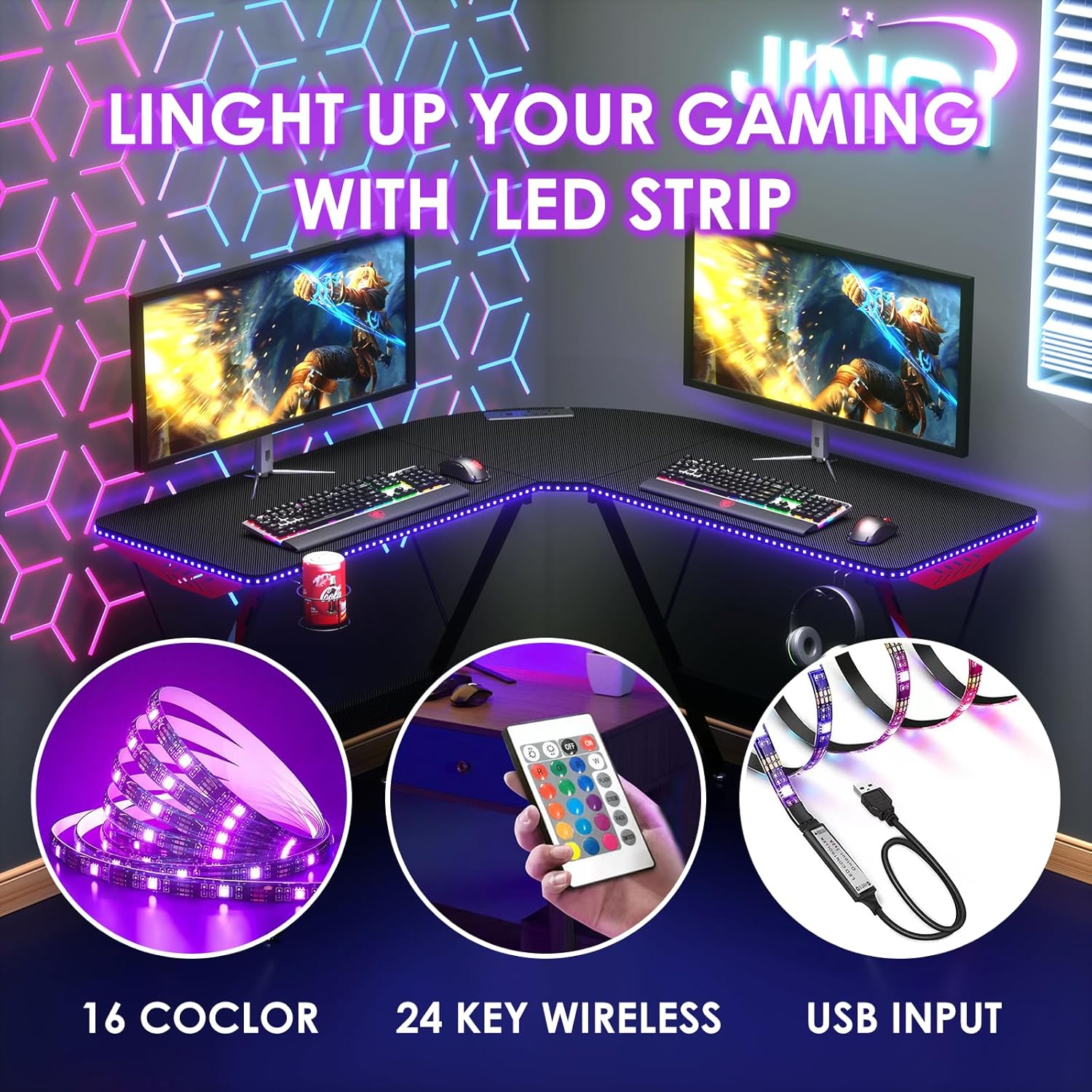 طاولة كمبيوتر بتصميم حرف L مكتب ألعاب بأضواء LED 
