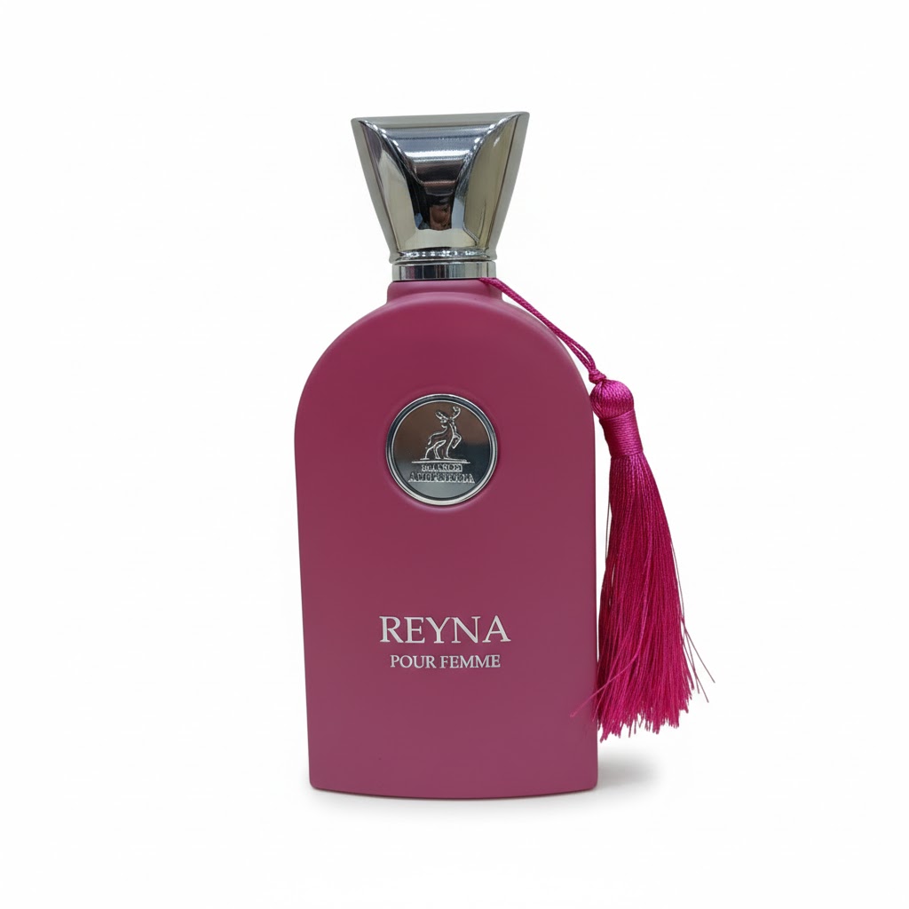 عطر رينا بور فيم أو دي بارفان 100 مل من ميسون الحمراء - زجاجة عطر وردية فاخرة مع العلبة على خلفية بيضاء.