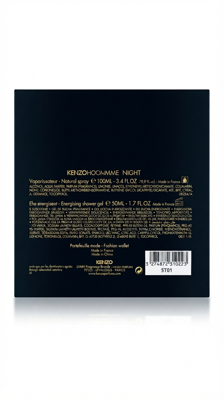 Product ingredient list and details on the back of the Kenzo Homme Night gift set box.