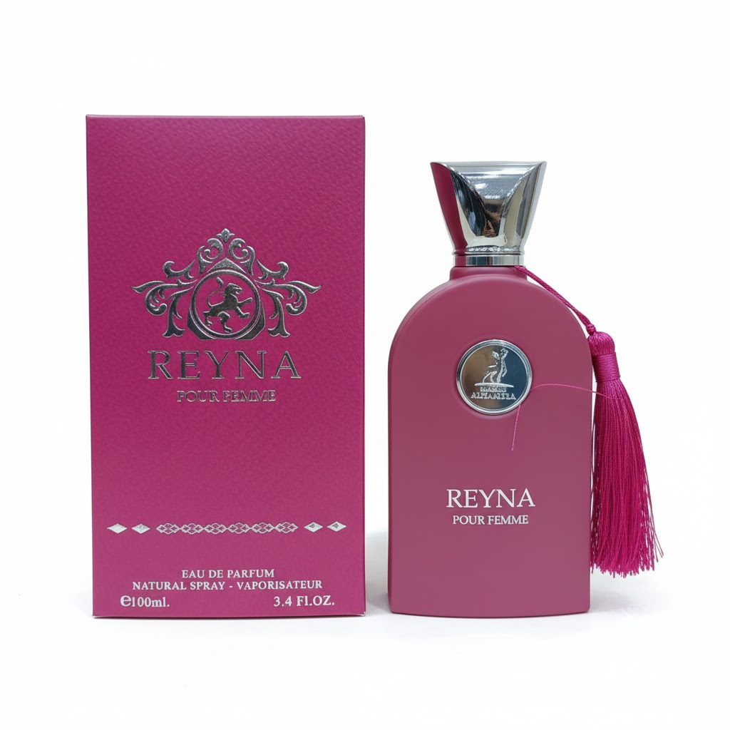 عطر رينا بور فيم أو دي بارفان 100 مل من ميسون الحمراء - زجاجة عطر وردية فاخرة مع العلبة على خلفية بيضاء.