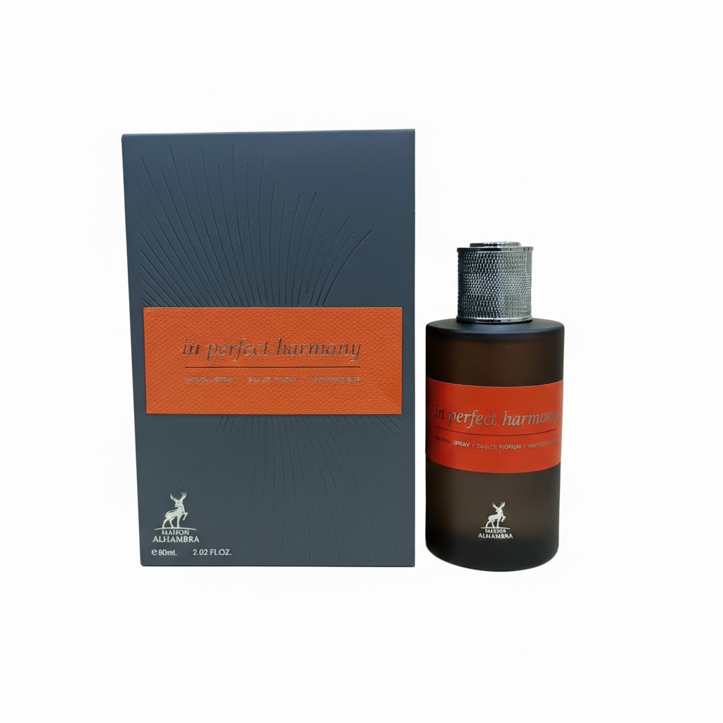 In Perfect Harmony by Maison Alhambra, a luxury unisex Eau de Parfum, 60ml bottle with elegant white and gold packaging.