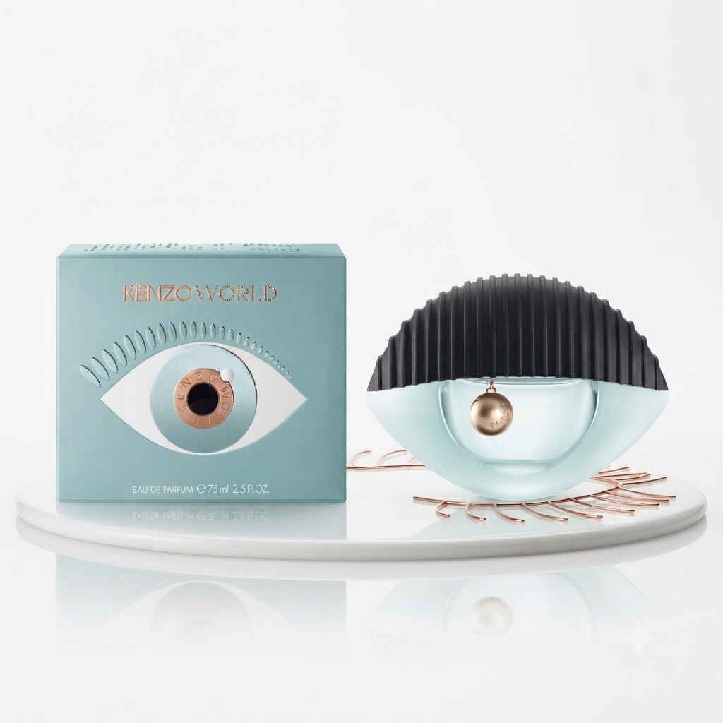 Kenzo World Eau de Parfum 75ml bottle and box set displayed on a white marble platform.