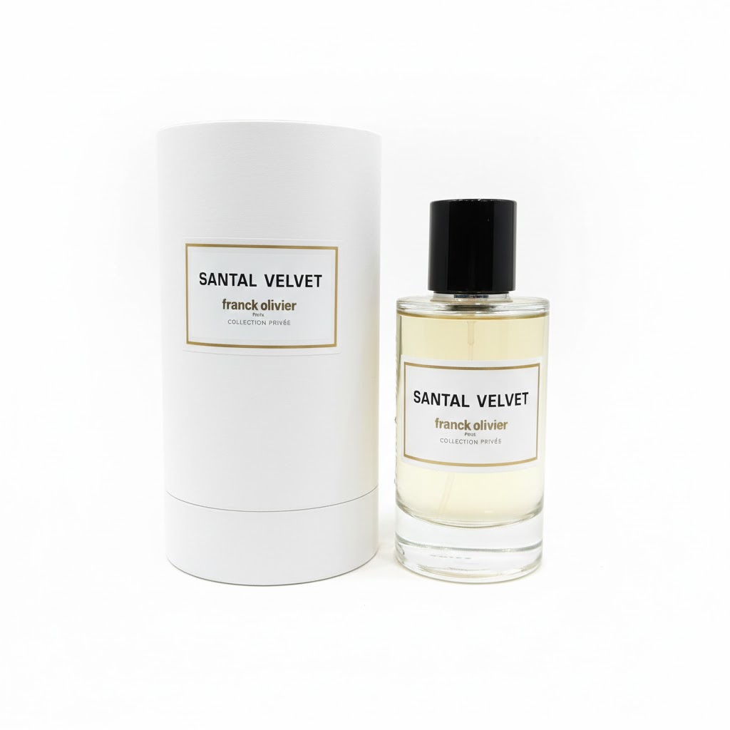 Franck Olivier Santal Velvet Eau de Parfum 100ml bottle and white box on a white background.