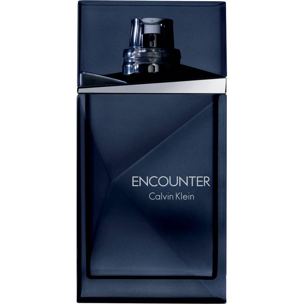 زجاجة عطر كالفن كلاين انكونتر 100 مل بدون الغطاء، معروضة بجانب العلبة الكرتونية على خلفية بيضاء ناصعة.