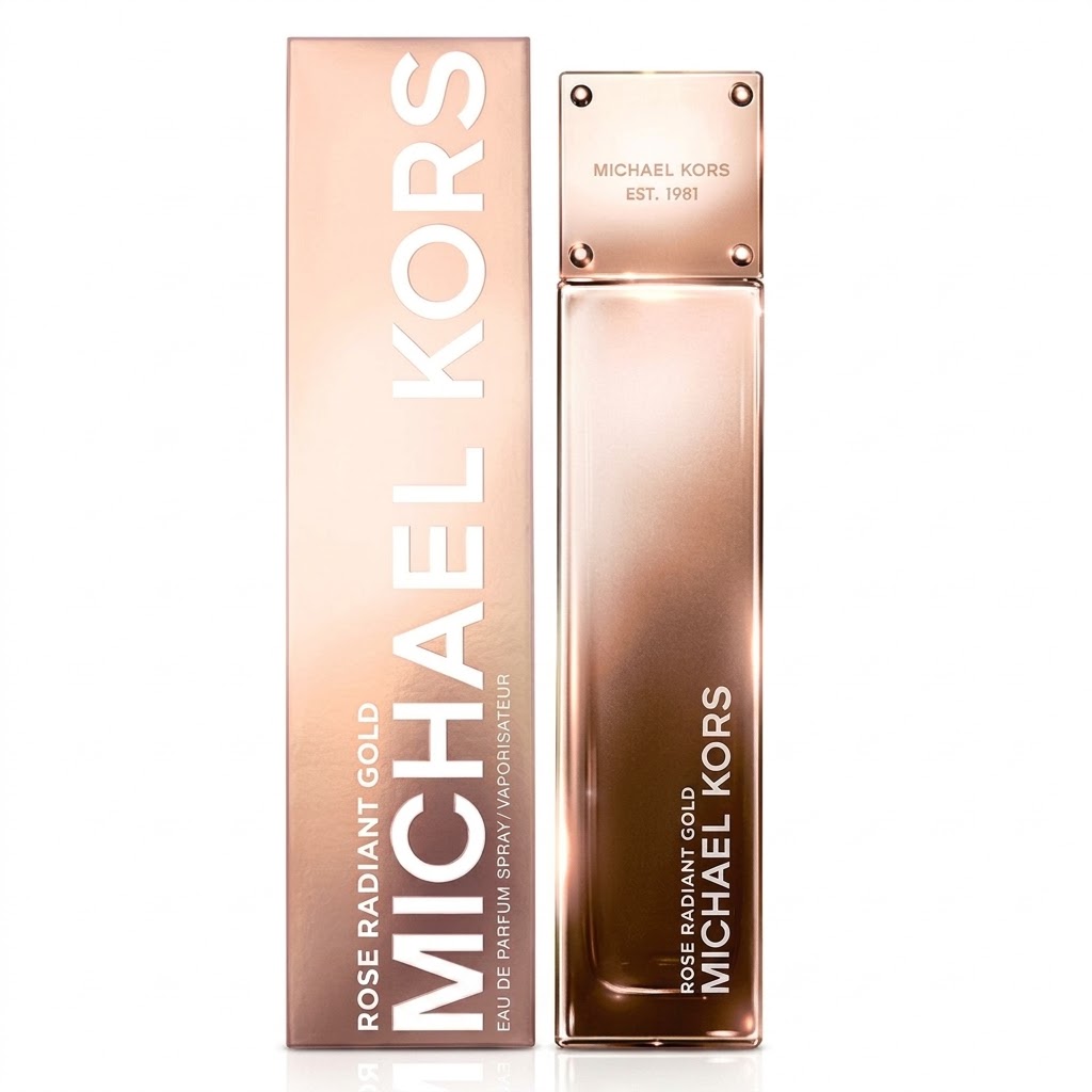 Michael Kors Rose Radiant Gold Eau De Parfum 100ml bottle and packaging box on a seamless white background.