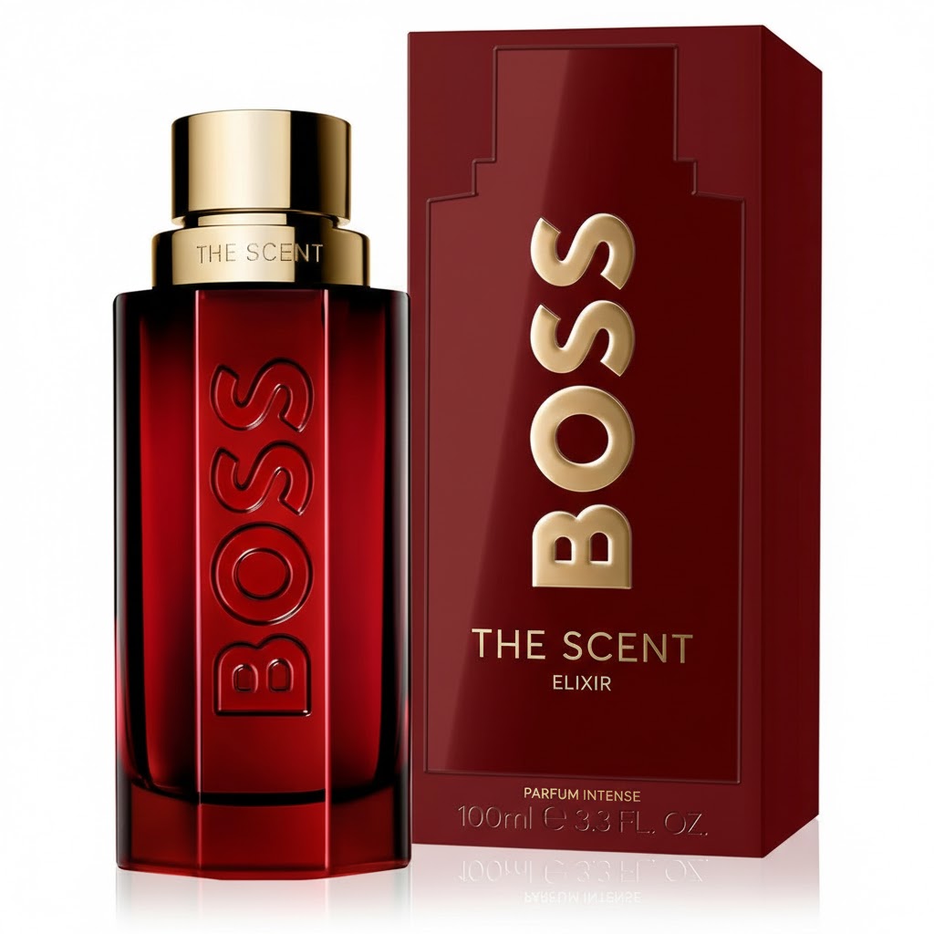 BOSS The Scent Elixir for Him 100ml Parfum Intense bottle and luxury red packaging on a white background.