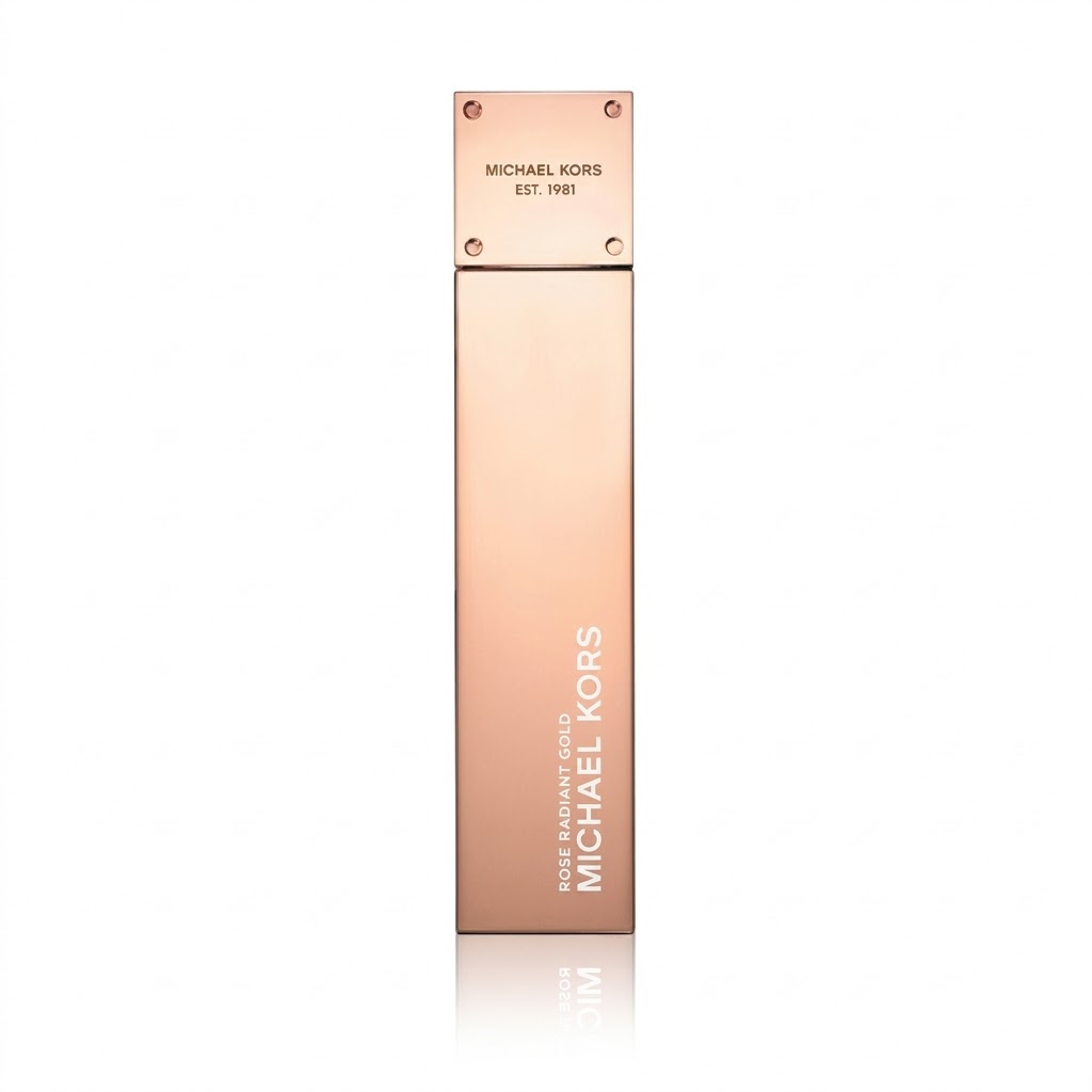 Michael Kors Rose Radiant Gold Eau De Parfum 100ml bottle and packaging box on a seamless white background.