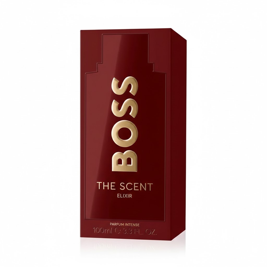 BOSS The Scent Elixir for Him 100ml Parfum Intense bottle and luxury red packaging on a white background.